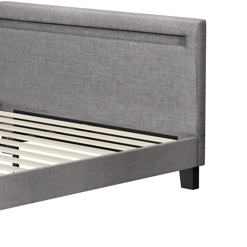Grey Fabric Wooden Bed Frame with RGB LED Lighting and Modern Features Double