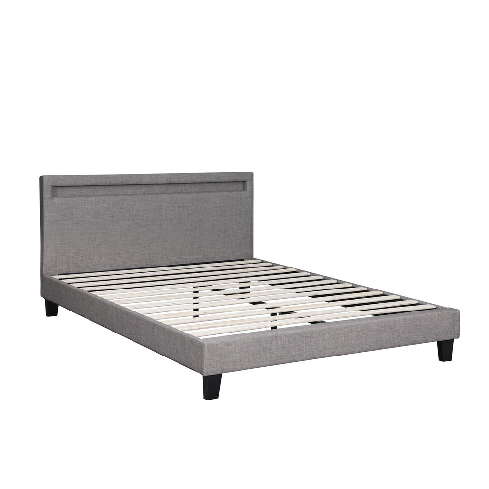 Grey Fabric Wooden Bed Frame with RGB LED Lighting and Modern Features Queen