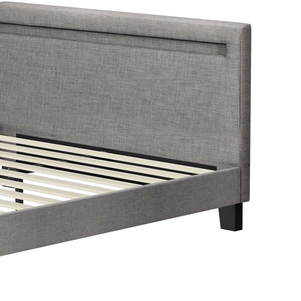 Grey Fabric Wooden Bed Frame with RGB LED Lighting and Modern Features Queen
