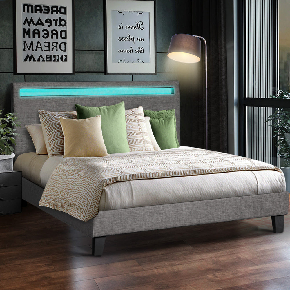 Grey Fabric Wooden Bed Frame with RGB LED Lighting and Modern Features Queen