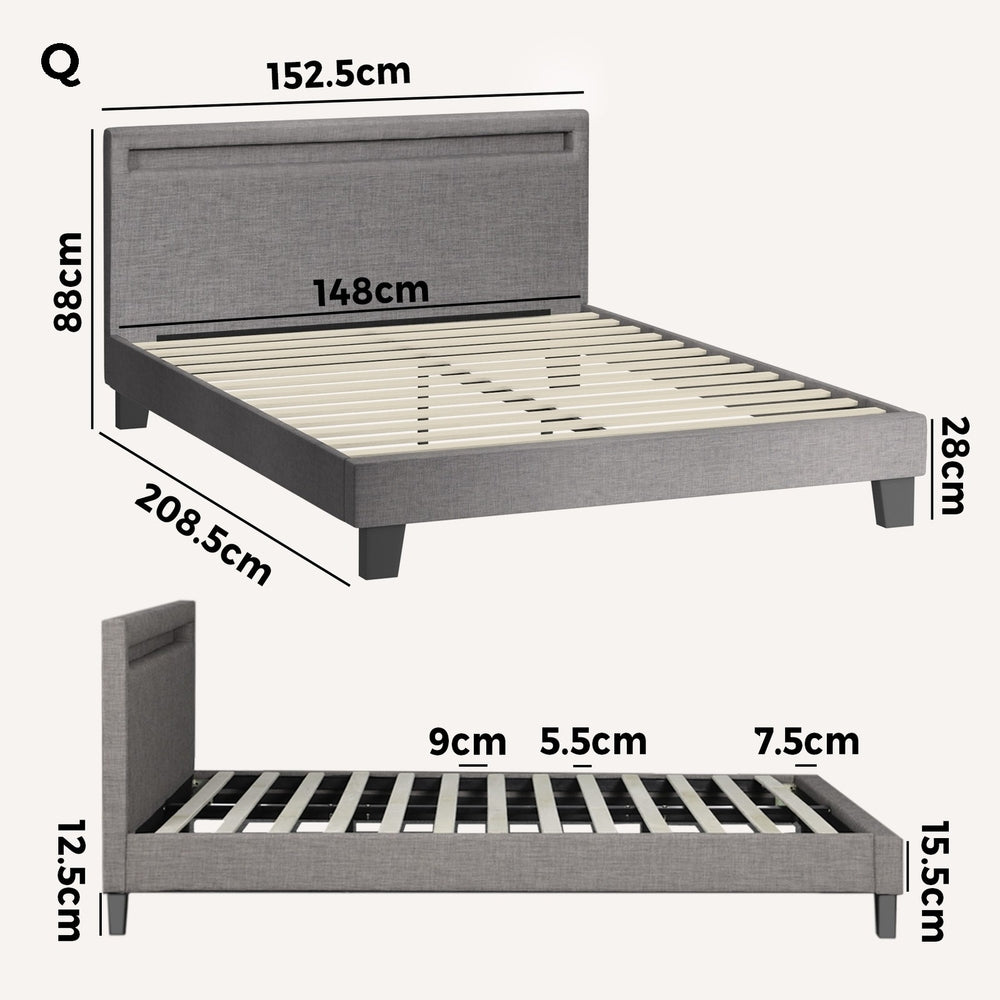 Grey Fabric Wooden Bed Frame with RGB LED Lighting and Modern Features Queen