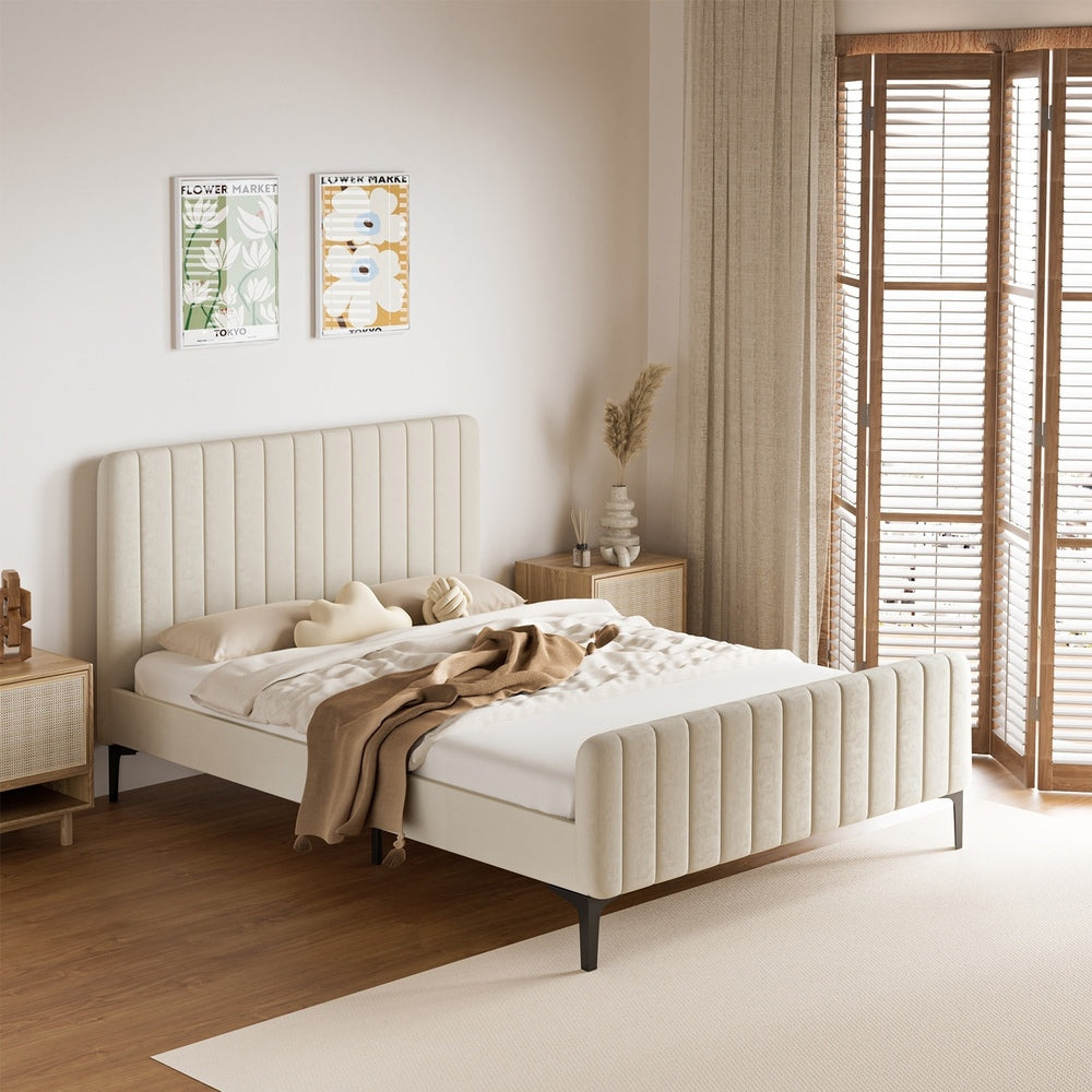 Beige/Grey Velvet Fabric Bed Frame Elegant Design and Sturdy Construction