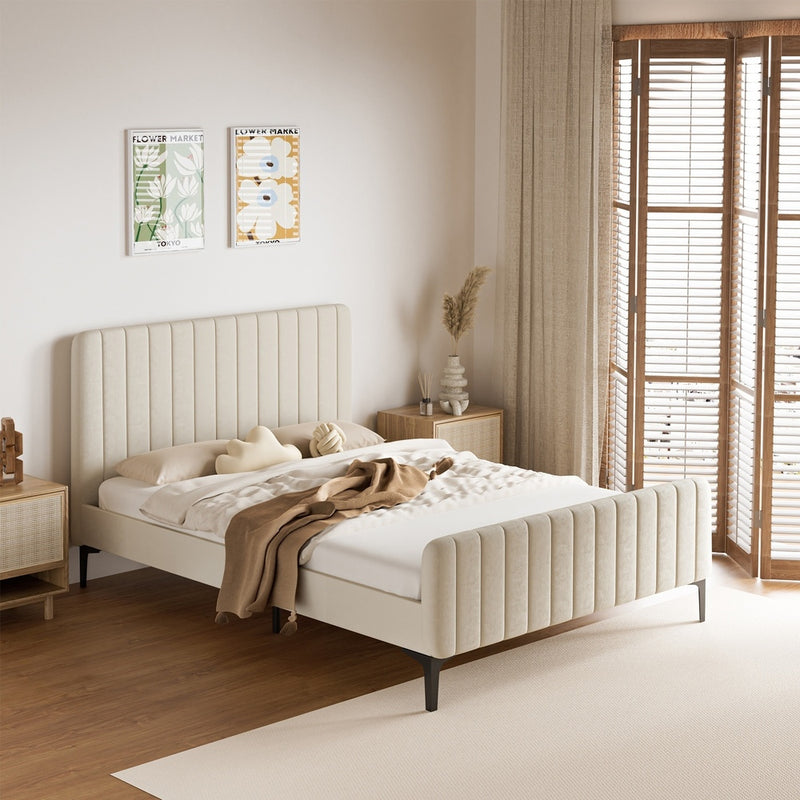 Beige/Grey Velvet Fabric Bed Frame Elegant Design and