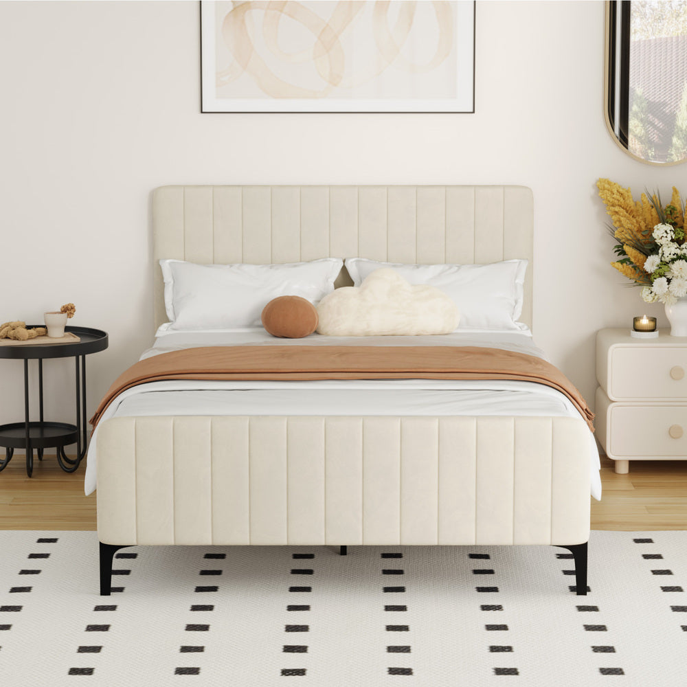 Beige/Grey Velvet Fabric Bed Frame Elegant Design and Sturdy Construction