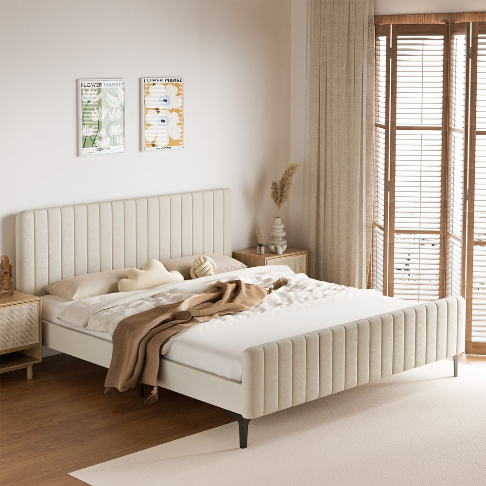 Beige/Grey Velvet Fabric Bed Frame Elegant Design and Sturdy Construction