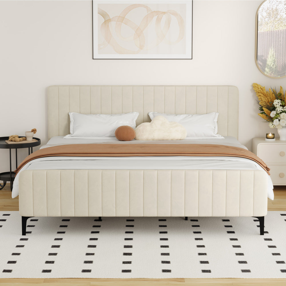 Beige/Grey Velvet Fabric Bed Frame Elegant Design and Sturdy Construction