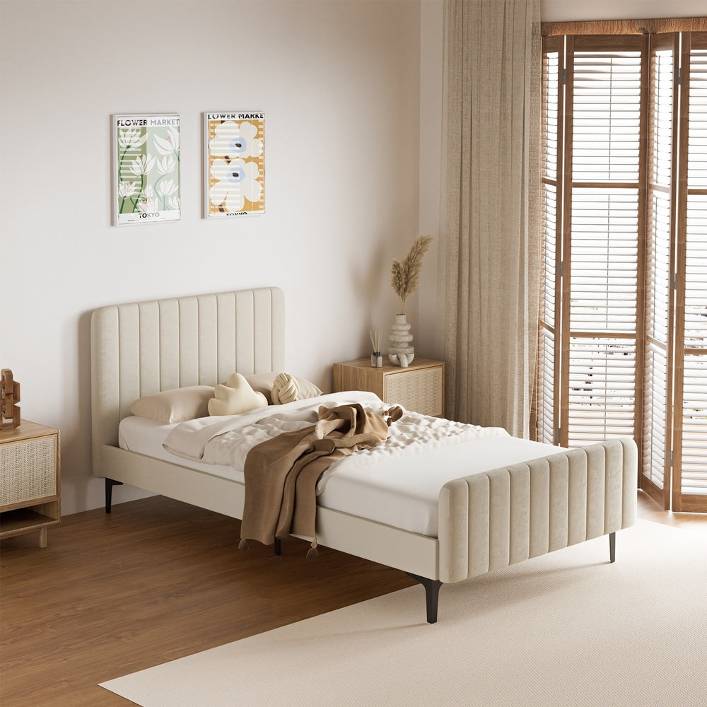 Beige/Grey Velvet Fabric Bed Frame Elegant Design and Sturdy Construction