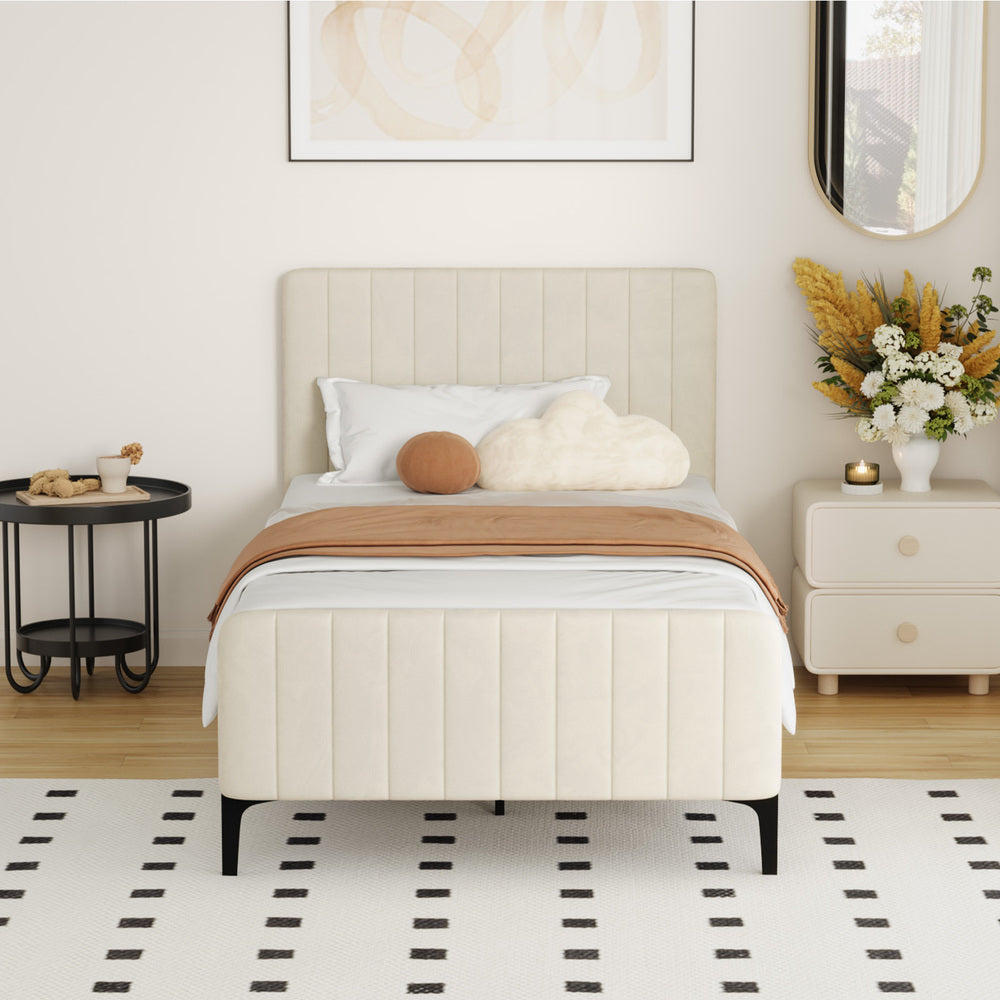 Beige/Grey Velvet Fabric Bed Frame Elegant Design and Sturdy Construction