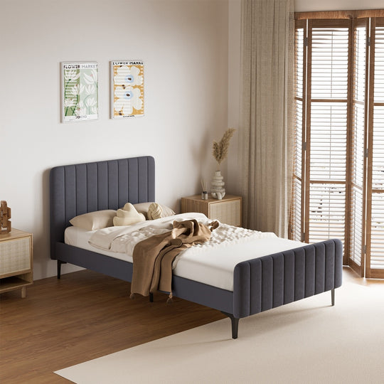 Beige/Grey Velvet Fabric Bed Frame Elegant Design and Sturdy Construction | Velvet finish