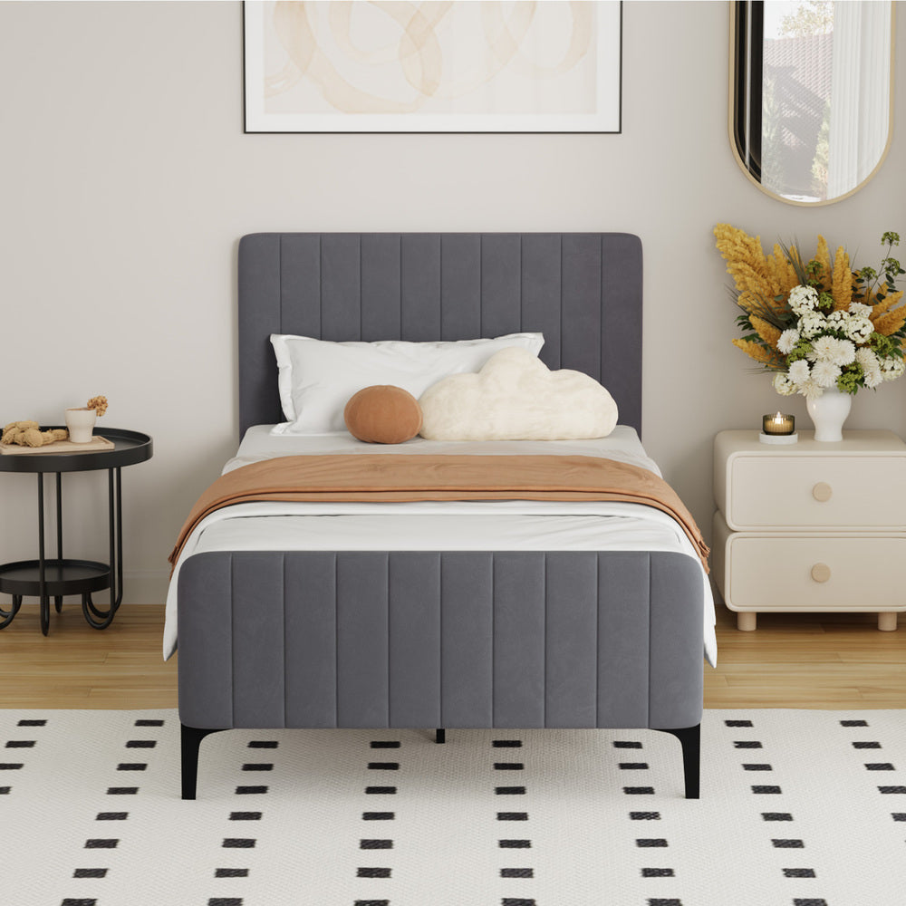 Beige/Grey Velvet Fabric Bed Frame Elegant Design and Sturdy Construction
