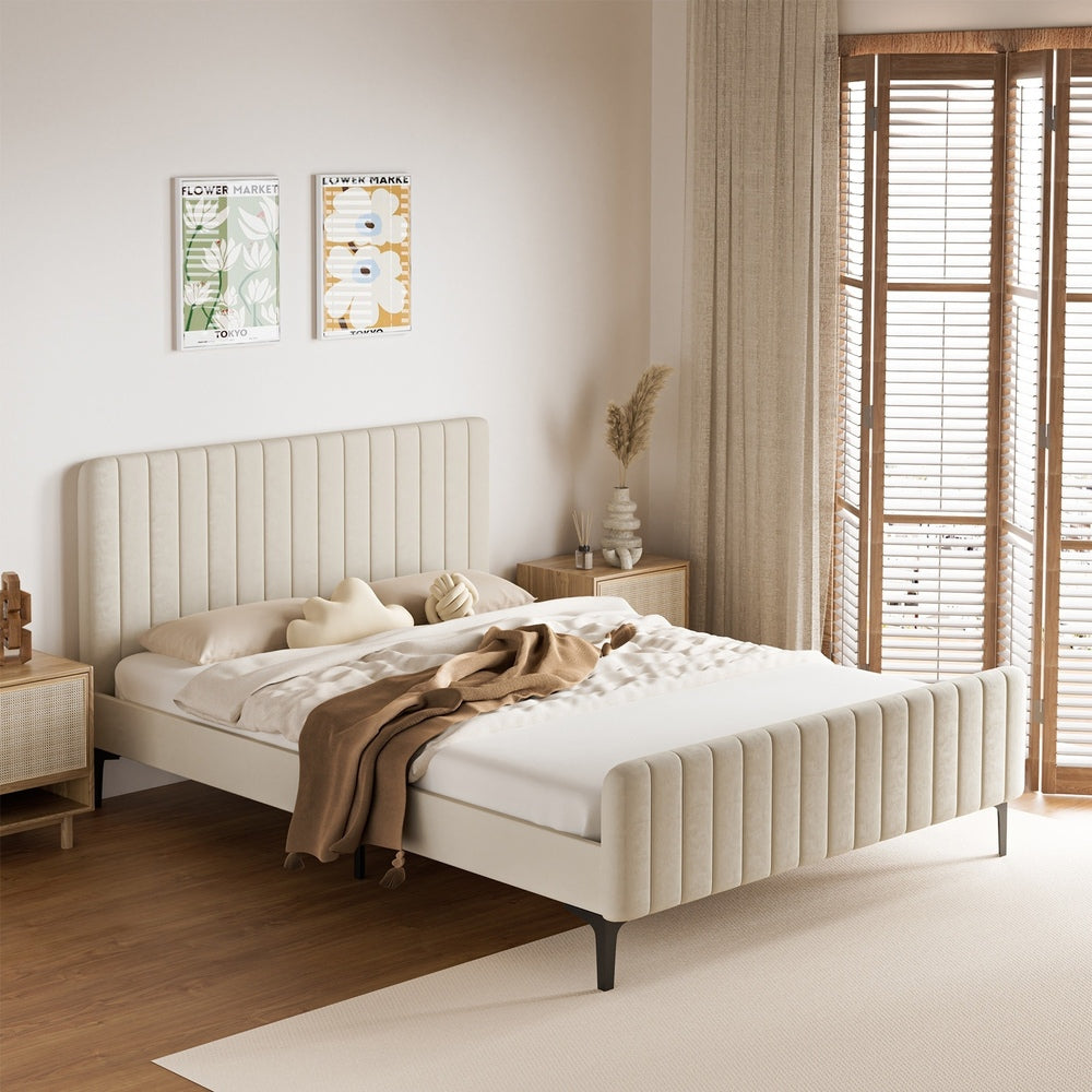 Beige/Grey Velvet Fabric Bed Frame Elegant Design and Sturdy Construction
