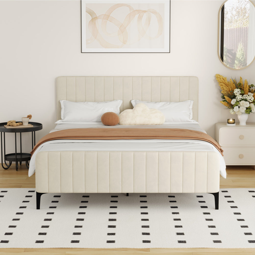 Beige/Grey Velvet Fabric Bed Frame Elegant Design and Sturdy Construction