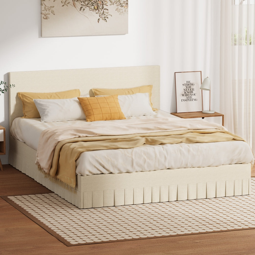 Queen Bed Frame Upholstered Headboard Beige | Simpledeals