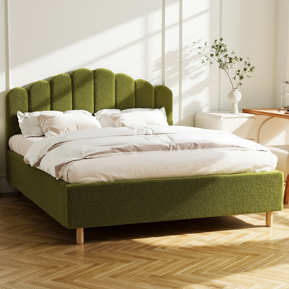 Queen Bed Frame Boucle Headboard Green Slats | Simpledeals