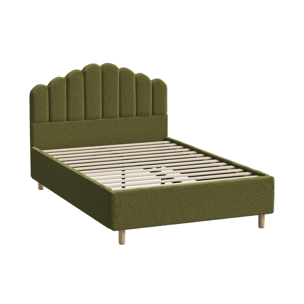 Queen Bed Frame Boucle Headboard Green Slats | Simpledeals