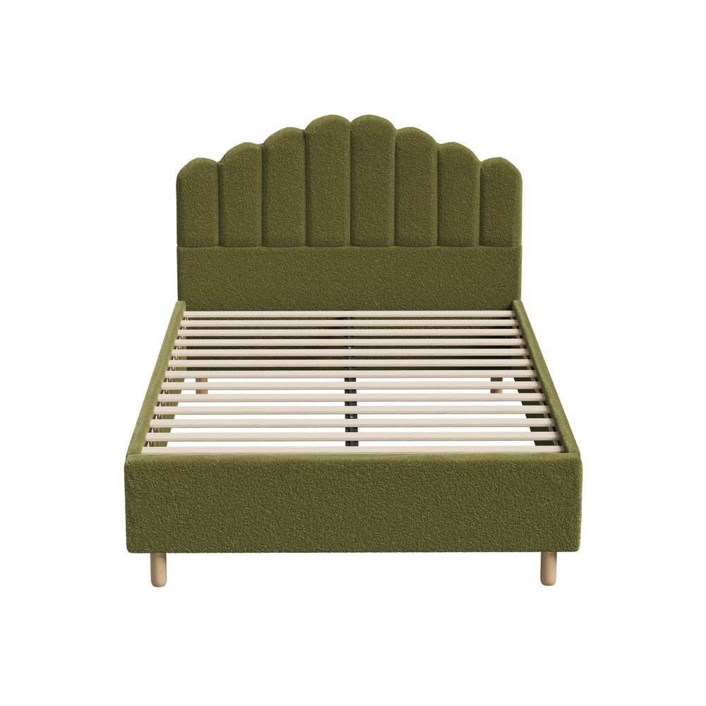 Queen Bed Frame Boucle Headboard Green Slats | Simpledeals