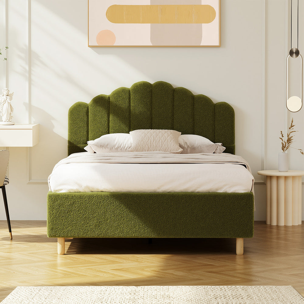 Queen Bed Frame Boucle Headboard Green Slats | Simpledeals
