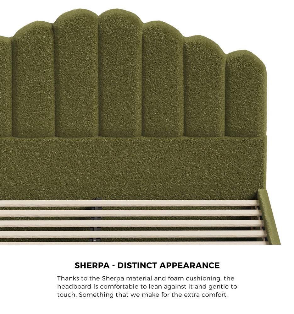 Queen Bed Frame Boucle Headboard Green Slats | Simpledeals