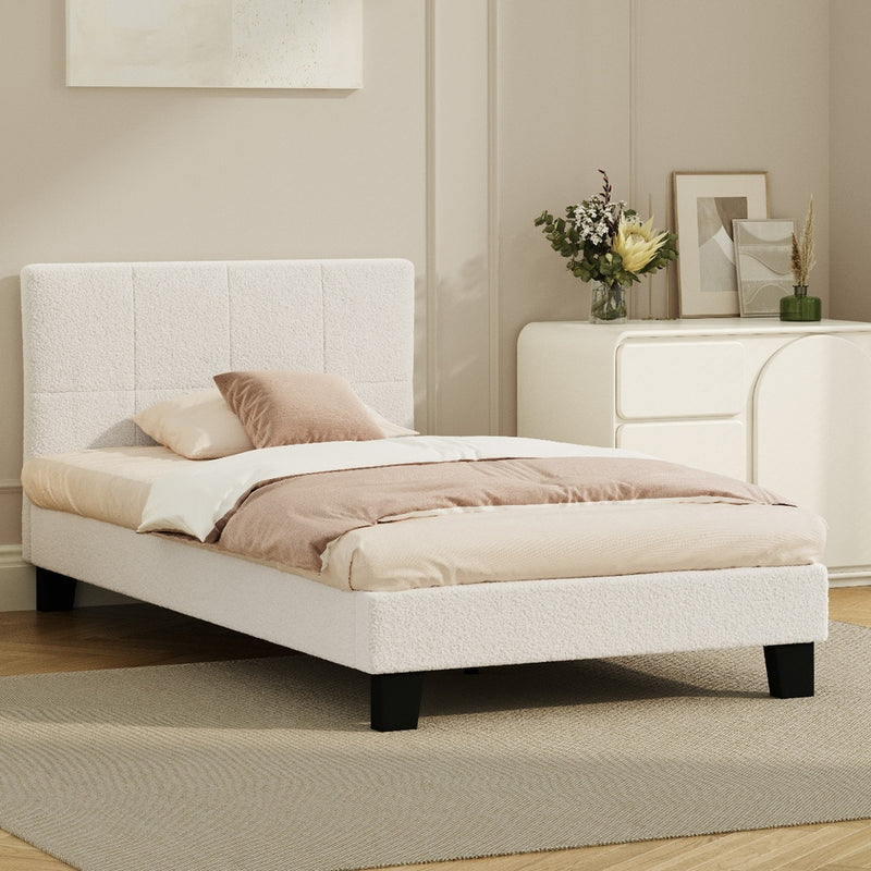 Stylish Boucle Bed Frame with Durable Base Double/Queen/Single/King Size, White Tofu - photo 28