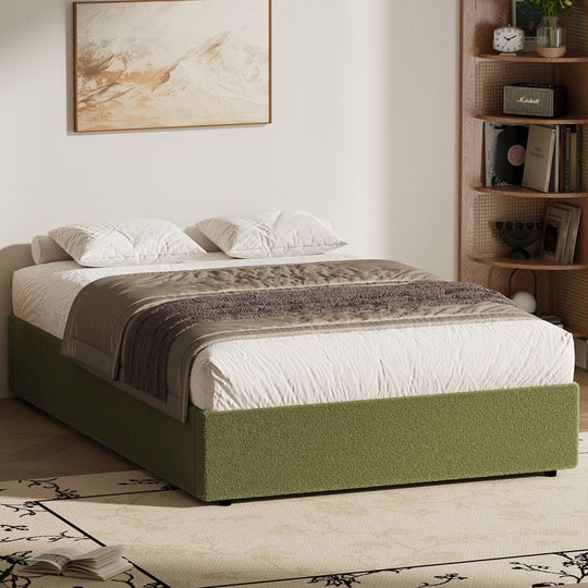 King Single Gas Lift Bed Frame Boucle Green - Bed Frame