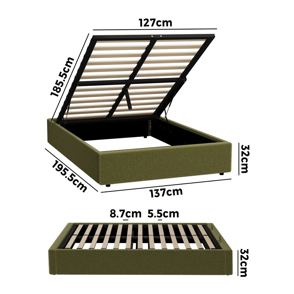 King Single Gas Lift Bed Frame Boucle Green | Simpledeals