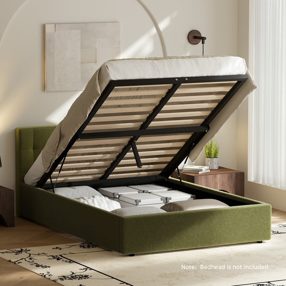 King Single Gas Lift Bed Frame Boucle Green | Simpledeals