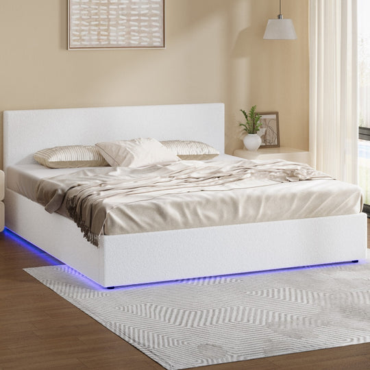 King Gas Lift Bed Frame Boucle LED Storage - Bed Frame