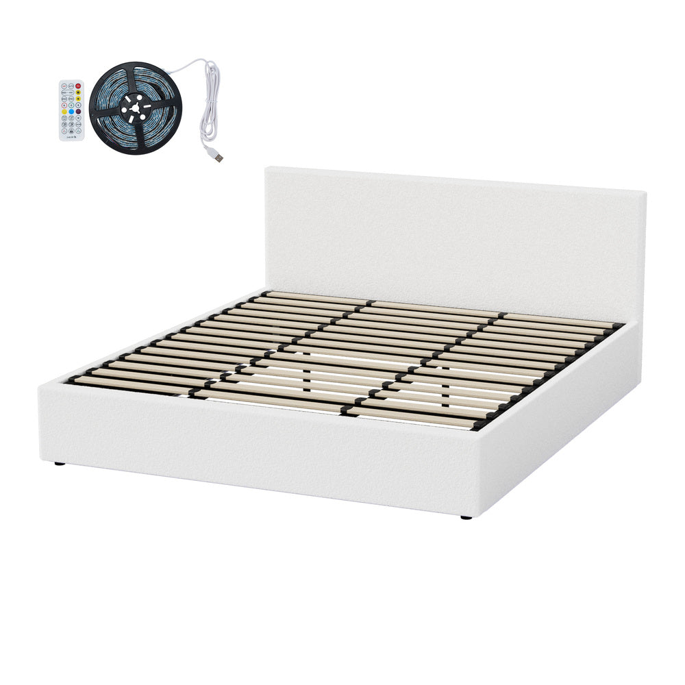 King Gas Lift Bed Frame Boucle LED Storage | Simpledeals