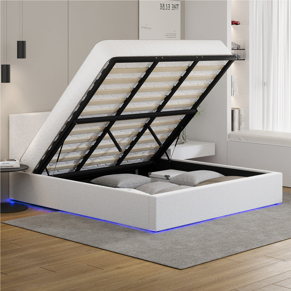King Gas Lift Bed Frame Boucle LED Storage | Simpledeals
