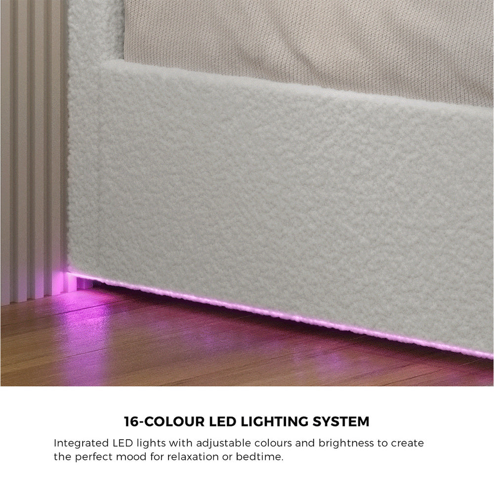 King Gas Lift Bed Frame Boucle LED Storage | Simpledeals