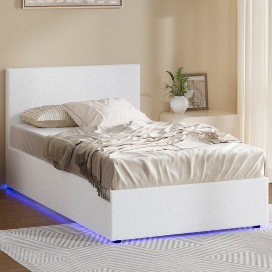 King Single Bed Frame Gas Lift Storage LED Beds Boucle White