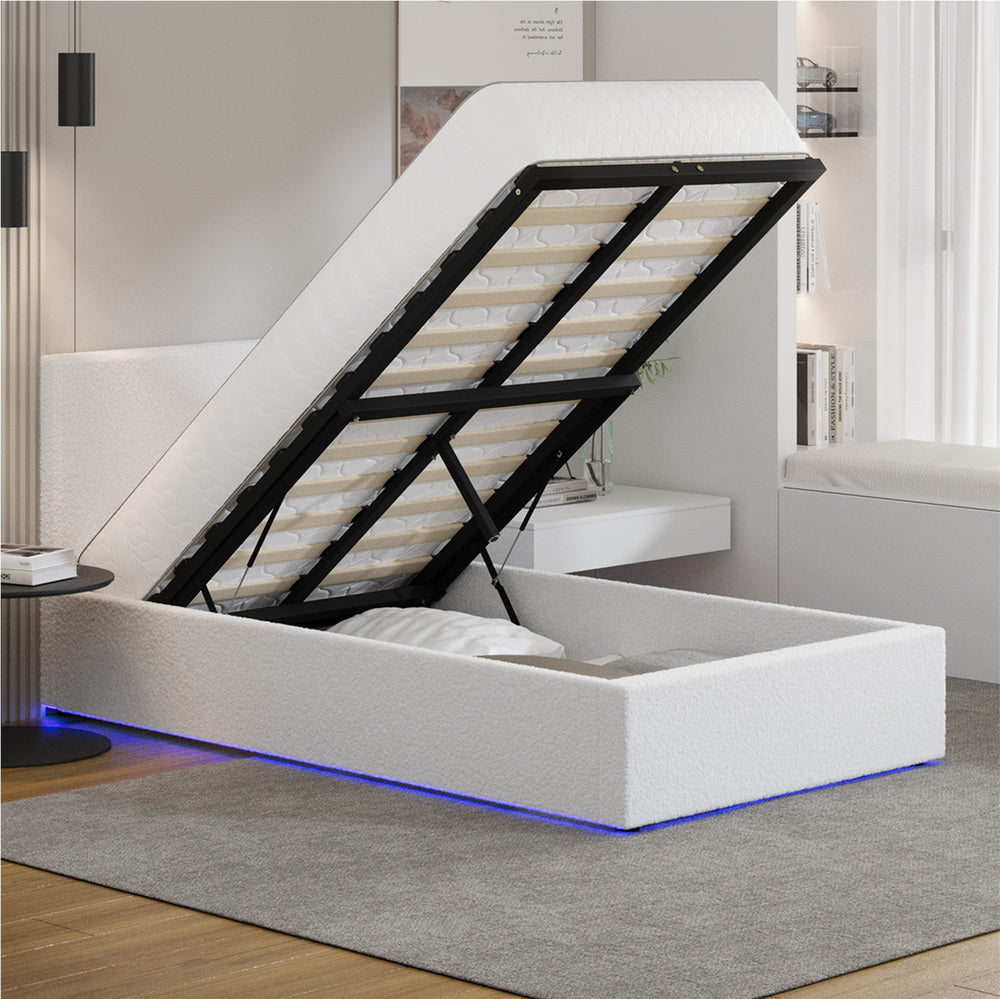 King Single Bed Frame Gas Lift Storage LED Beds Boucle White