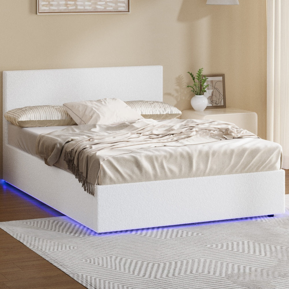 Queen Gas Lift Bed Boucle LED Storage Frame | Simpledeals