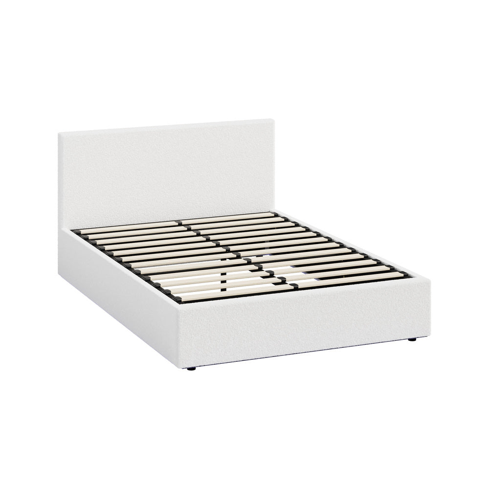 Queen Gas Lift Bed Boucle LED Storage Frame | Simpledeals