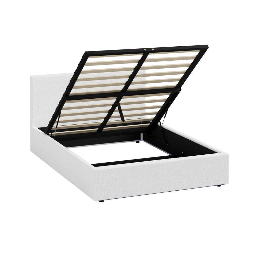 Queen Gas Lift Bed Boucle LED Storage Frame | Simpledeals