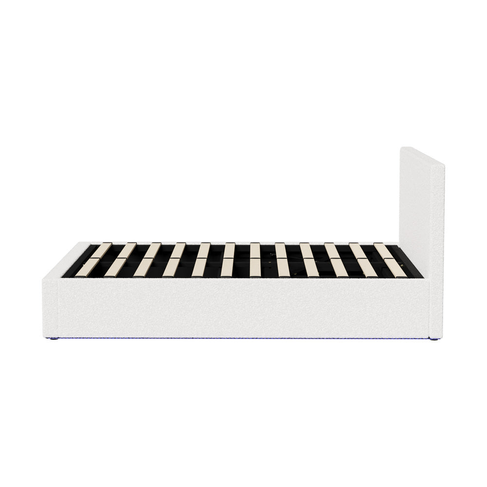 Queen Gas Lift Bed Boucle LED Storage Frame | Simpledeals