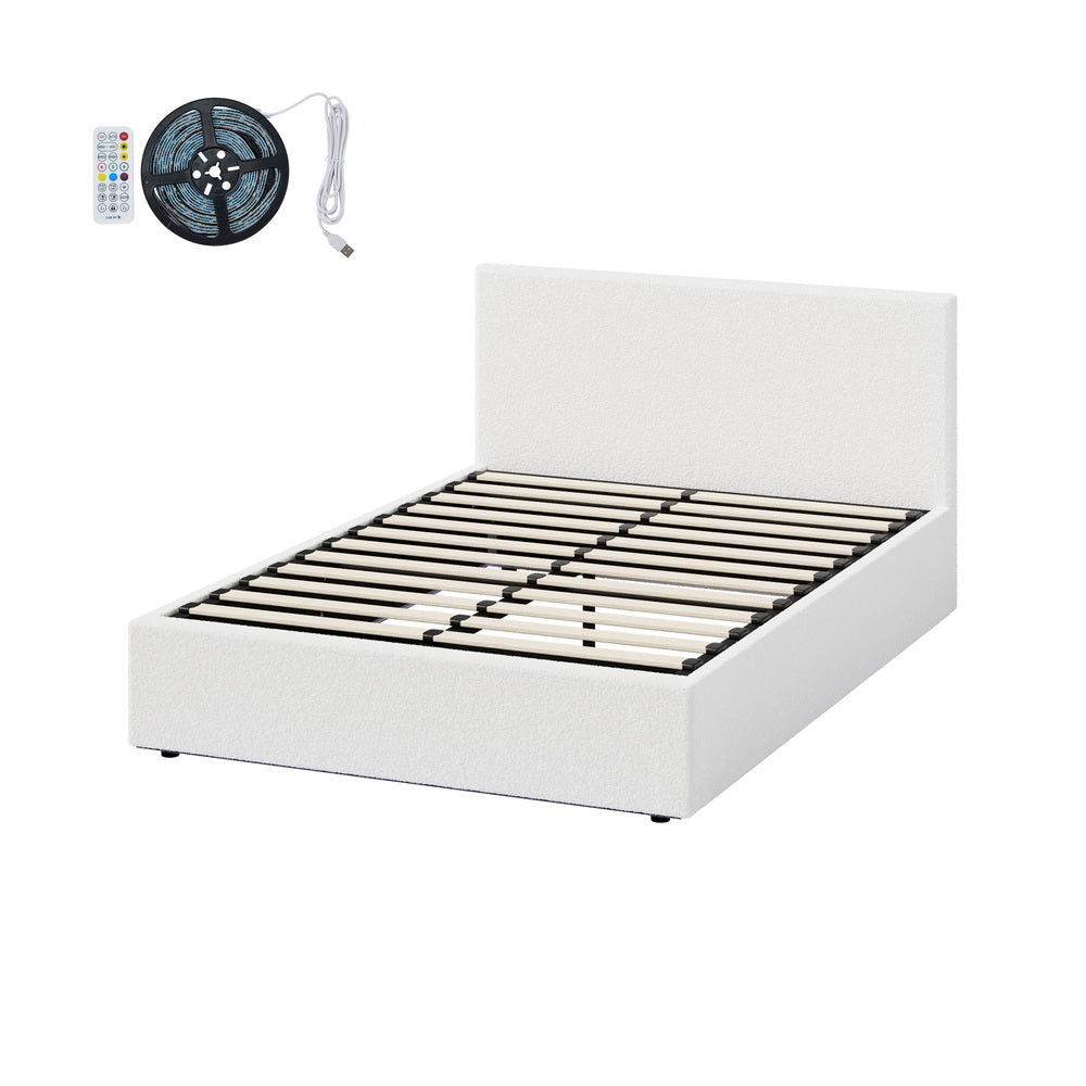 Queen Gas Lift Bed Boucle LED Storage Frame | Simpledeals