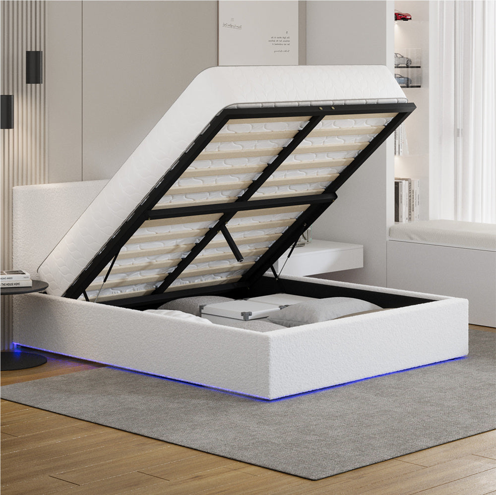 Queen Gas Lift Bed Boucle LED Storage Frame | Simpledeals