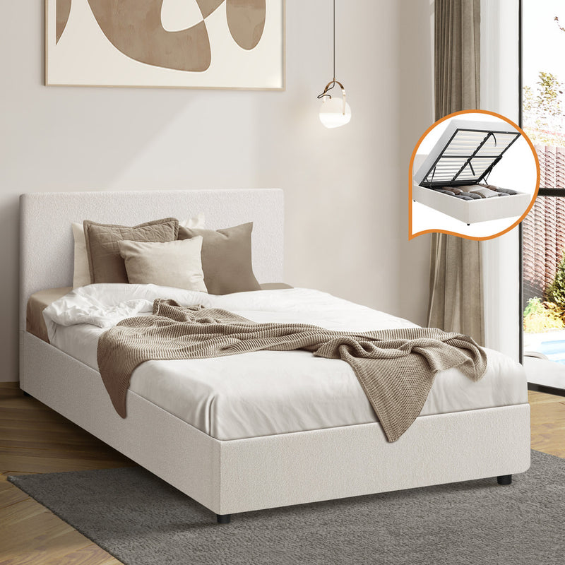 Queen/King/Single/Double Bed Frame Gas Lift Storage Base White Boucle with White colour - photo 33