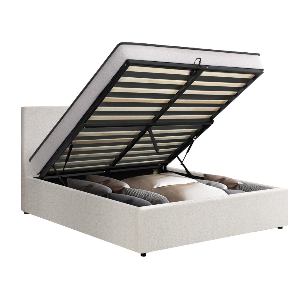 King & Double Size Boucle Bed Frame Gas Lift Storage with Mattress Set Upholstered