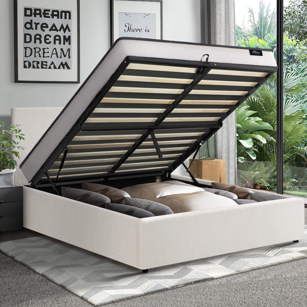 King & Double Size Boucle Bed Frame Gas Lift Storage with Mattress Set Upholstered
