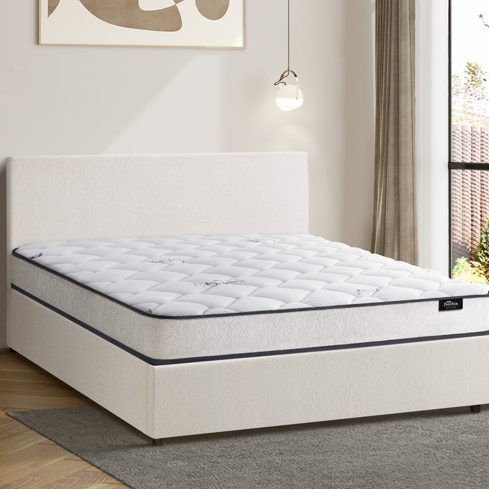 Boucle Bed Frame with Gas Lift and Mattress Set for King Single