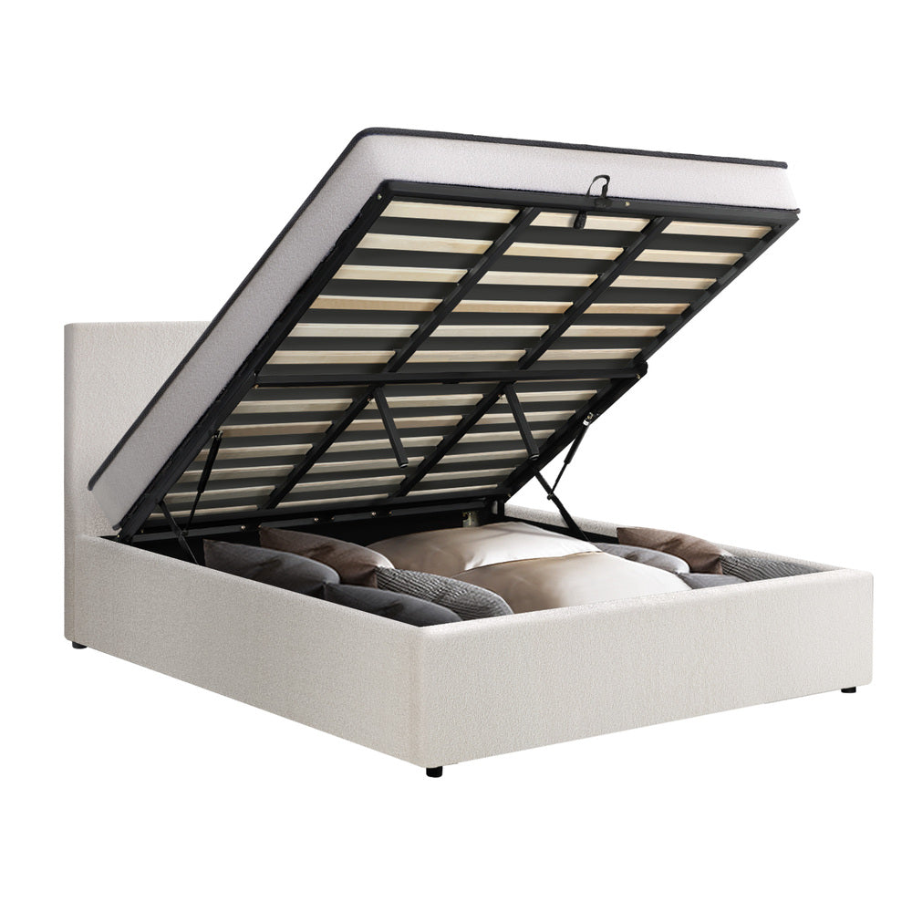 Boucle Bed Frame with Gas Lift and Mattress Set for King Single