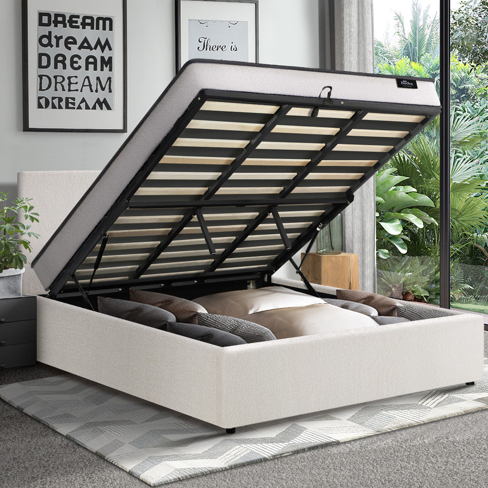 Boucle Bed Frame with Gas Lift and Mattress Set for King Single