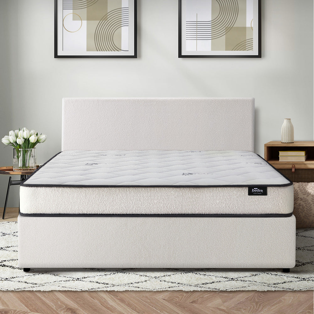 Boucle Bed Frame with Gas Lift and Mattress Set for King Single