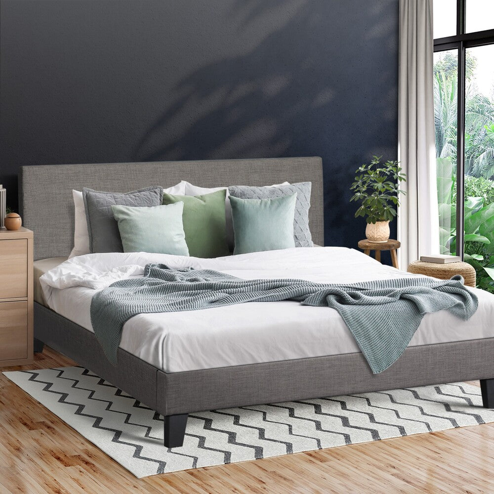 Grey Fabric Bed Frame with Wooden Slats and Sturdy Modern Design
