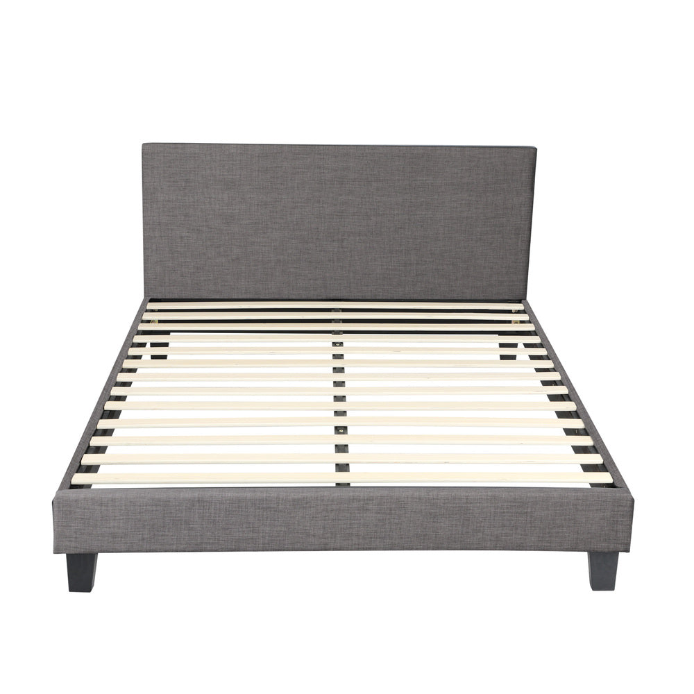 Grey Fabric Bed Frame with Wooden Slats and Sturdy Modern Design