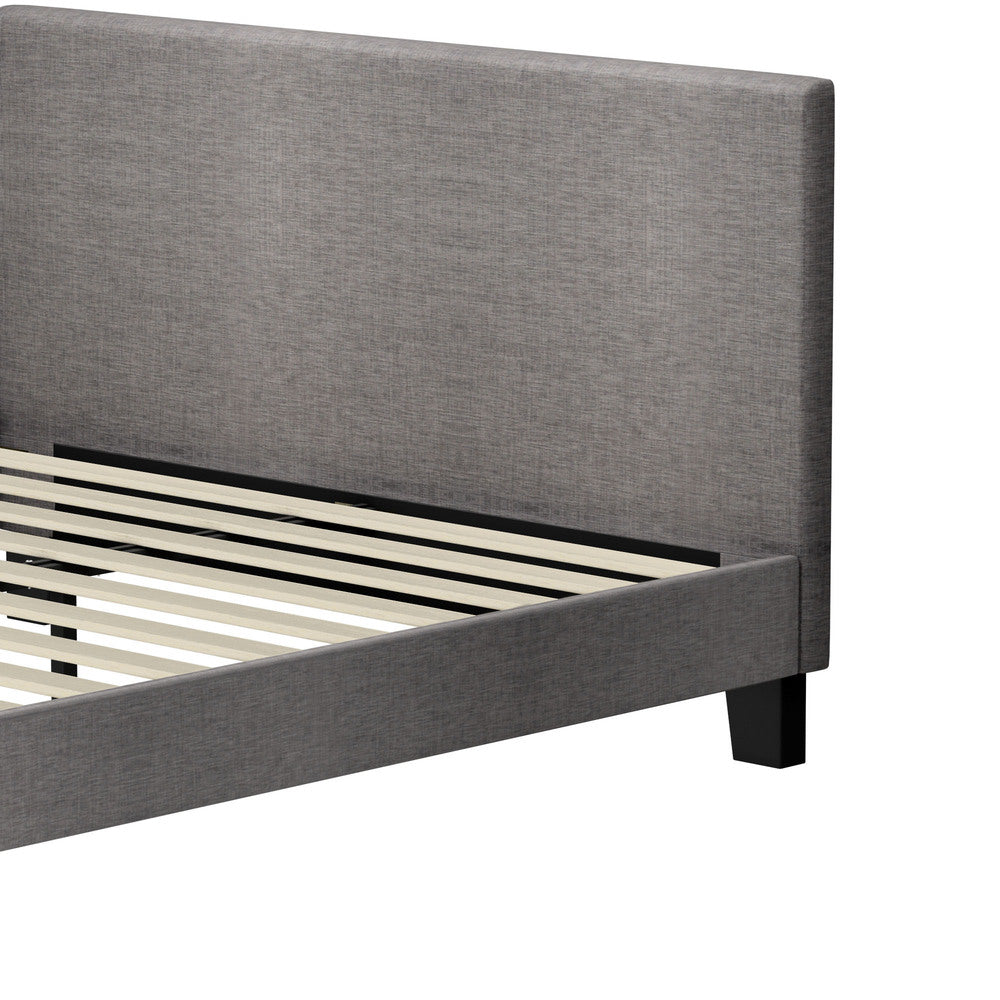 Grey Fabric Bed Frame with Wooden Slats and Sturdy Modern Design