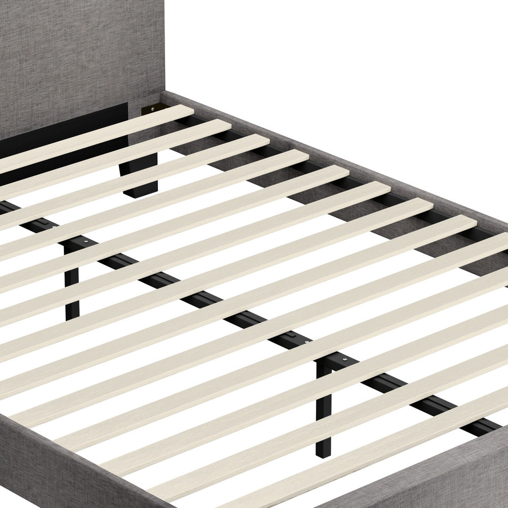 Grey Fabric Bed Frame with Wooden Slats and Sturdy Modern Design