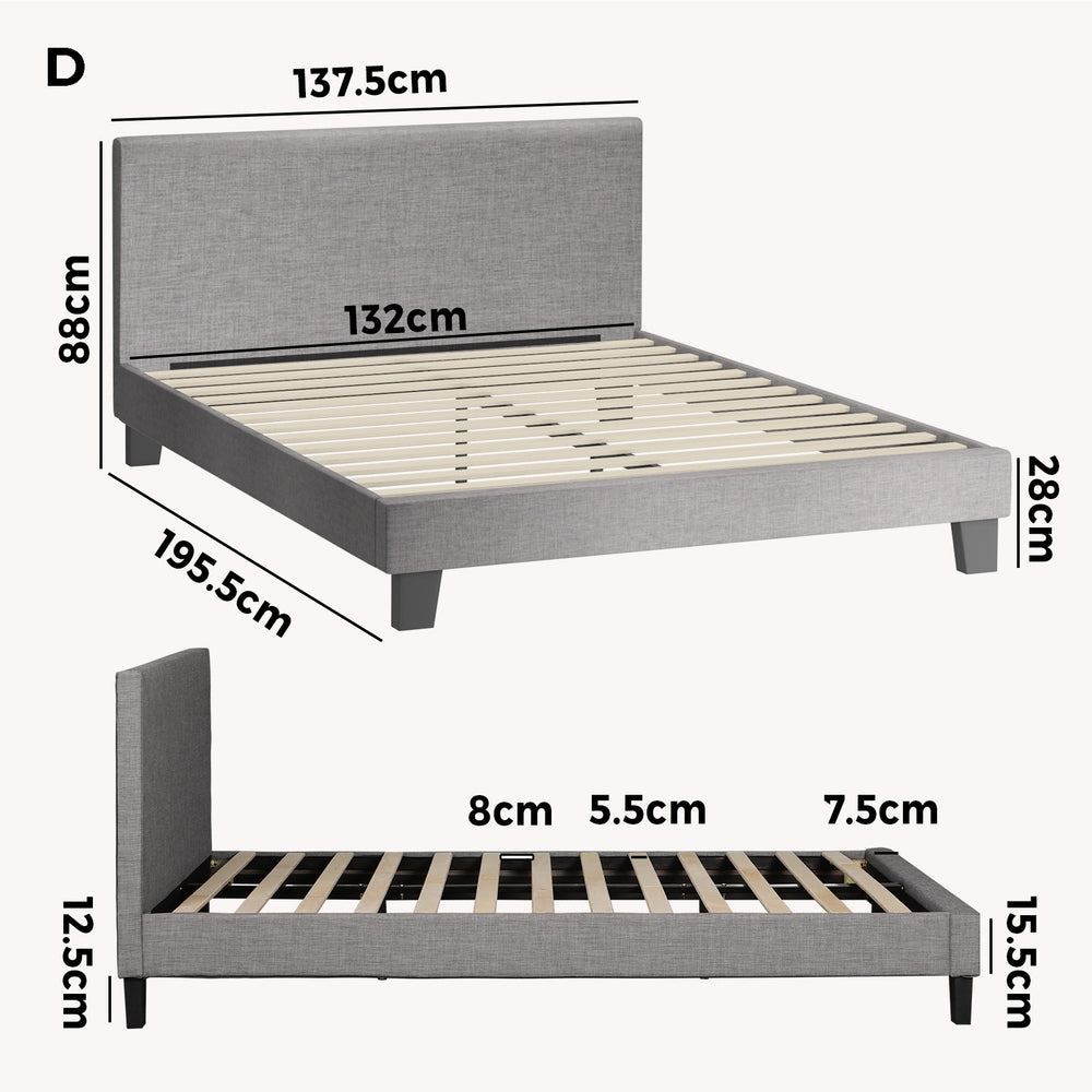 Grey Fabric Bed Frame with Wooden Slats and Sturdy Modern Design